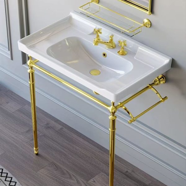 Vintage Wash Basin With Gold Stand Angle View