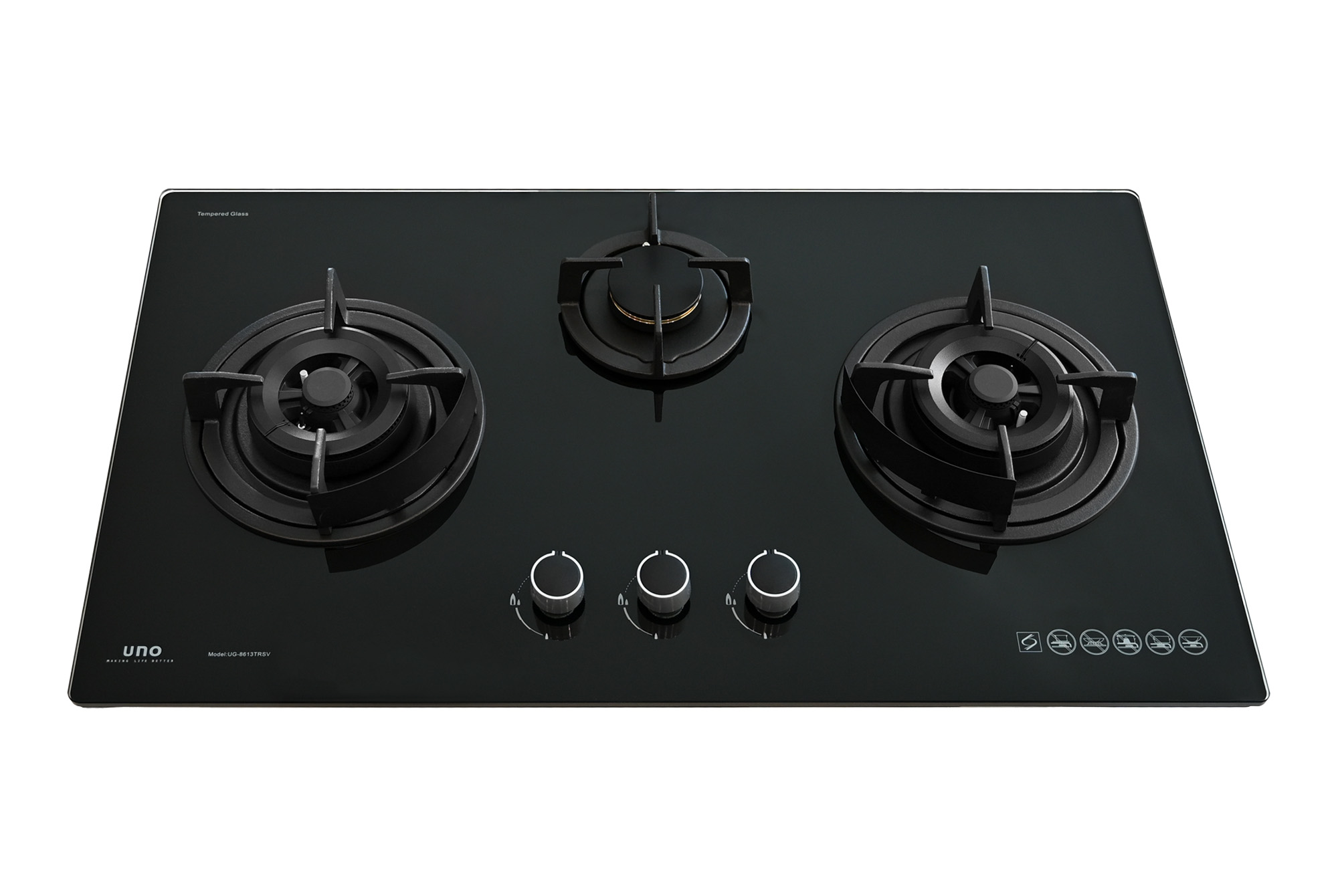 Uno 86cm 3 Burner Tempered Glass Hob