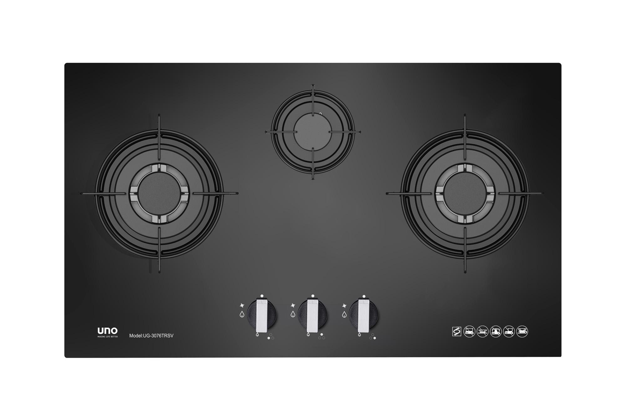 Uno 76cm 3 Burner Tempered Glass Hob