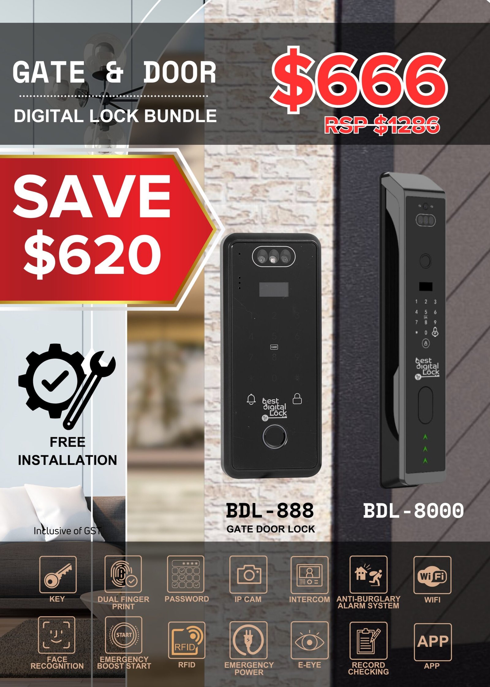 Gate & Door Digital Lock Bundle – BDL – 888, BDL – 8000