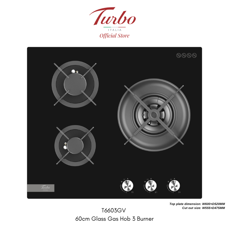 Turbo Italia – T6603GV 60cm Glass Gas Hob 3 Burners