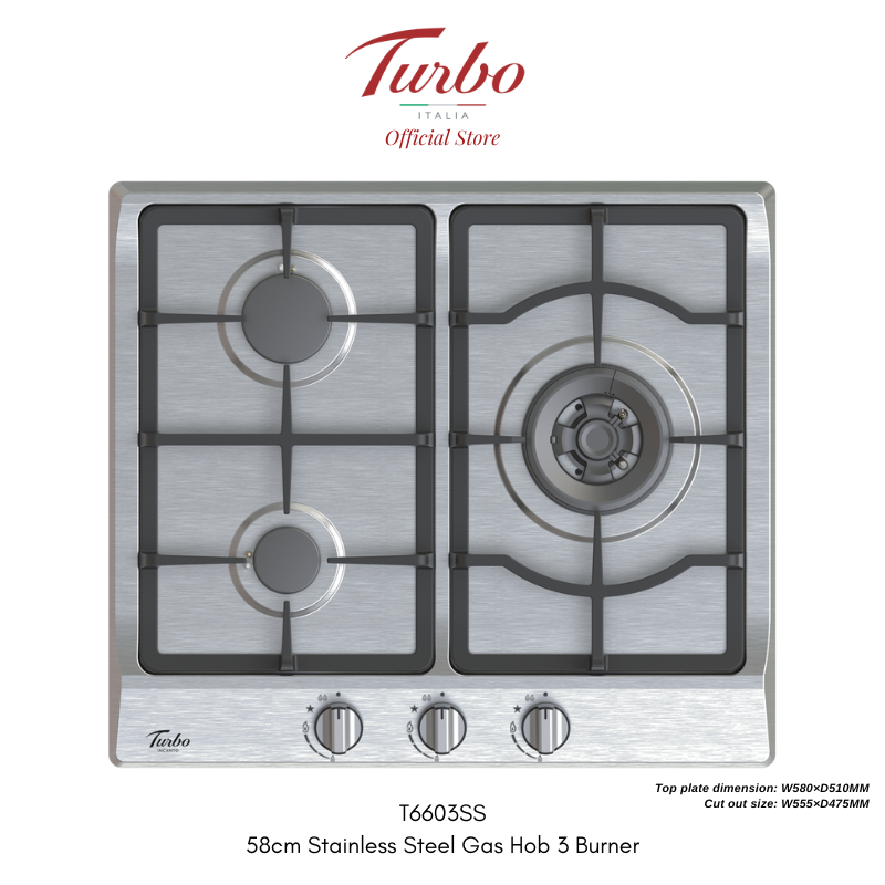 Turbo Italia – T6603SS 58cm Stainless Steel Gas Hob 3 Burners