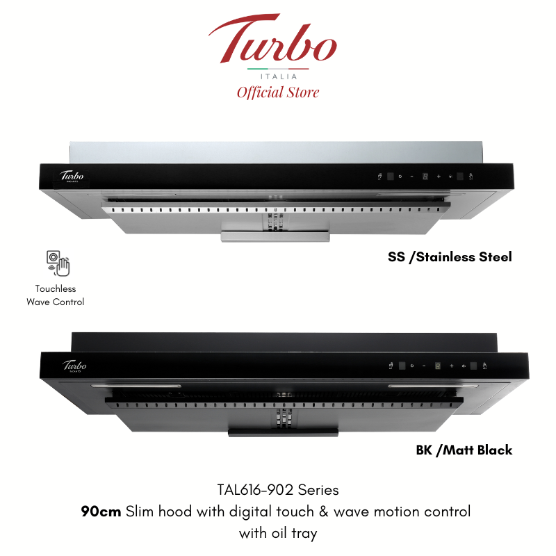 Turbo Italia – TAL616-902 Series 90cm Slim hood with digital touch & wave motion sensor with oil tray