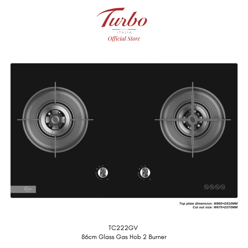 Turbo Italia – TC222GV 86cm Glass Gas Hob 2 Burners
