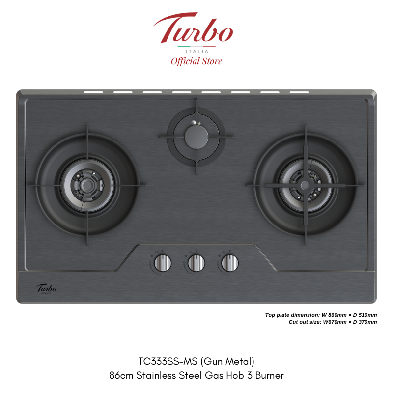 Turbo Italia – TC333SS-MS 86cm (Gun Metal) S/S Gas Hob 3 Burners