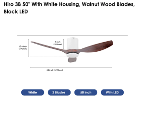 Hiro 3B 50 With White Housing, Walnut Wood Blades, Black LED